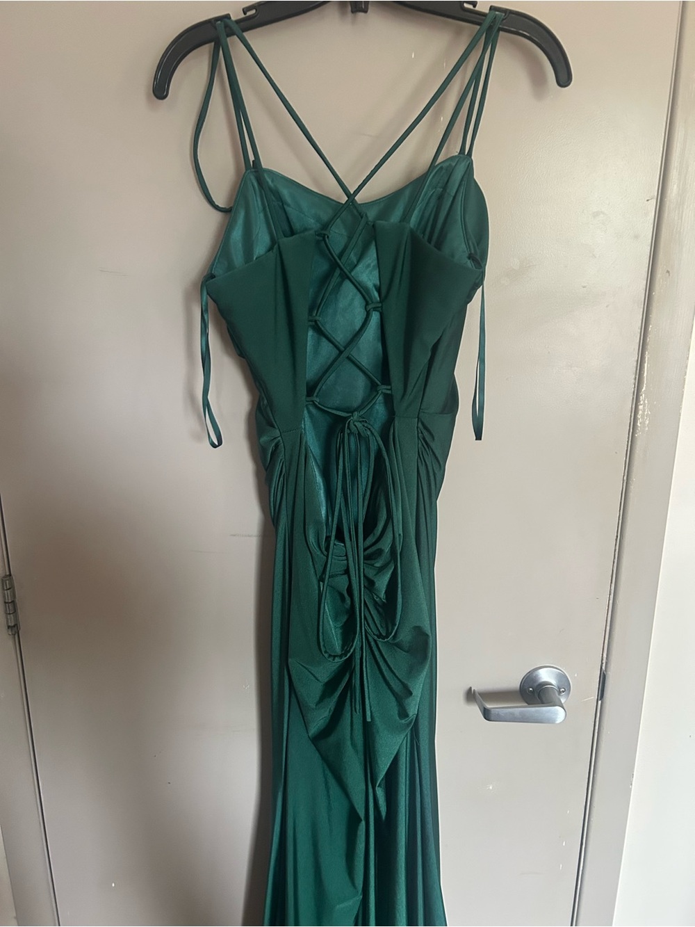 Natasha Couture Deep Green Satin Lace-Up Evening Gown
